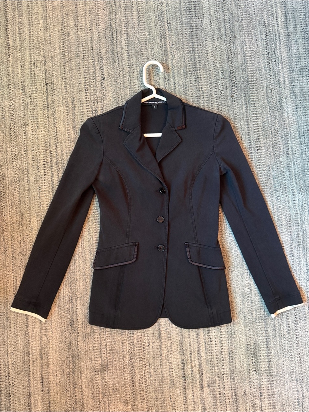 Charles Ancona charcoal show coat with black satin piping size 2